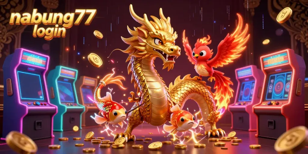 Experience seamless play with nabung77 login, featuring a golden dragon and vibrant slot game elements.