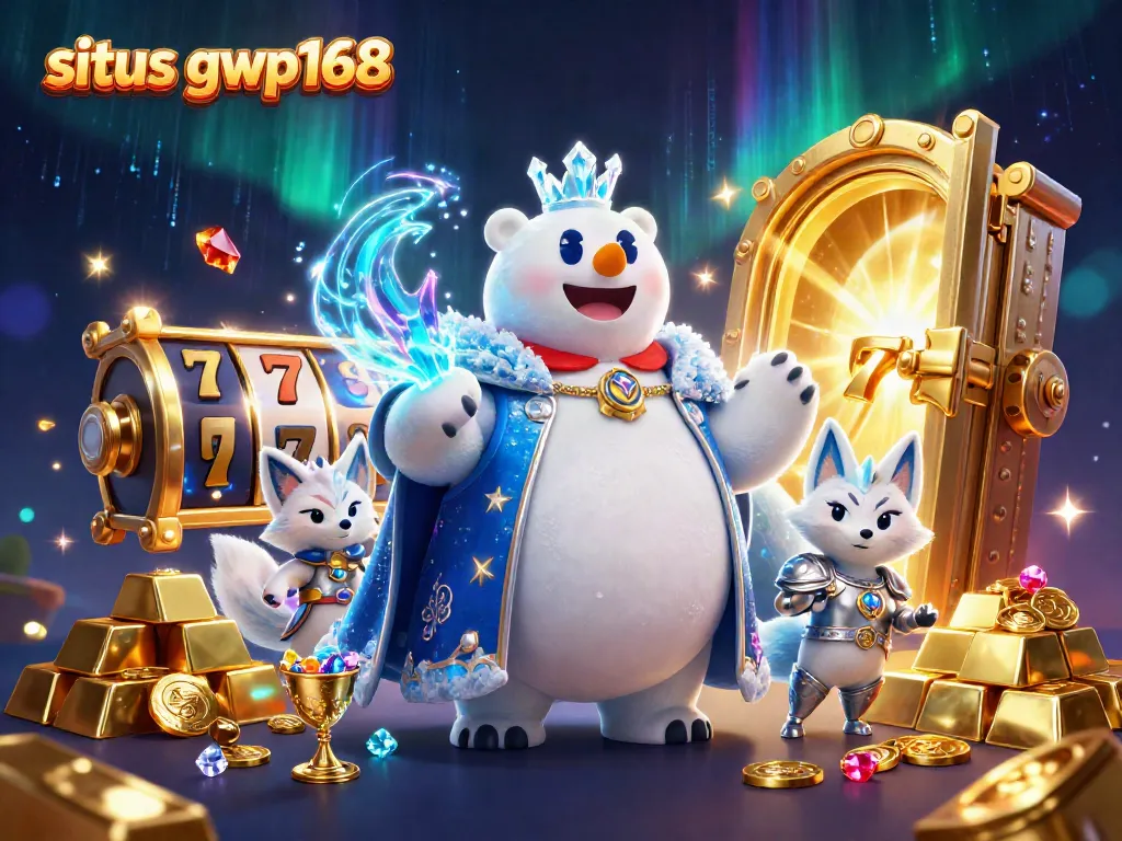 Permainan slot gacor situs gwp168 dengan karakter beruang kutub dan rubah bersenjata, dikelilingi harta berkilau.