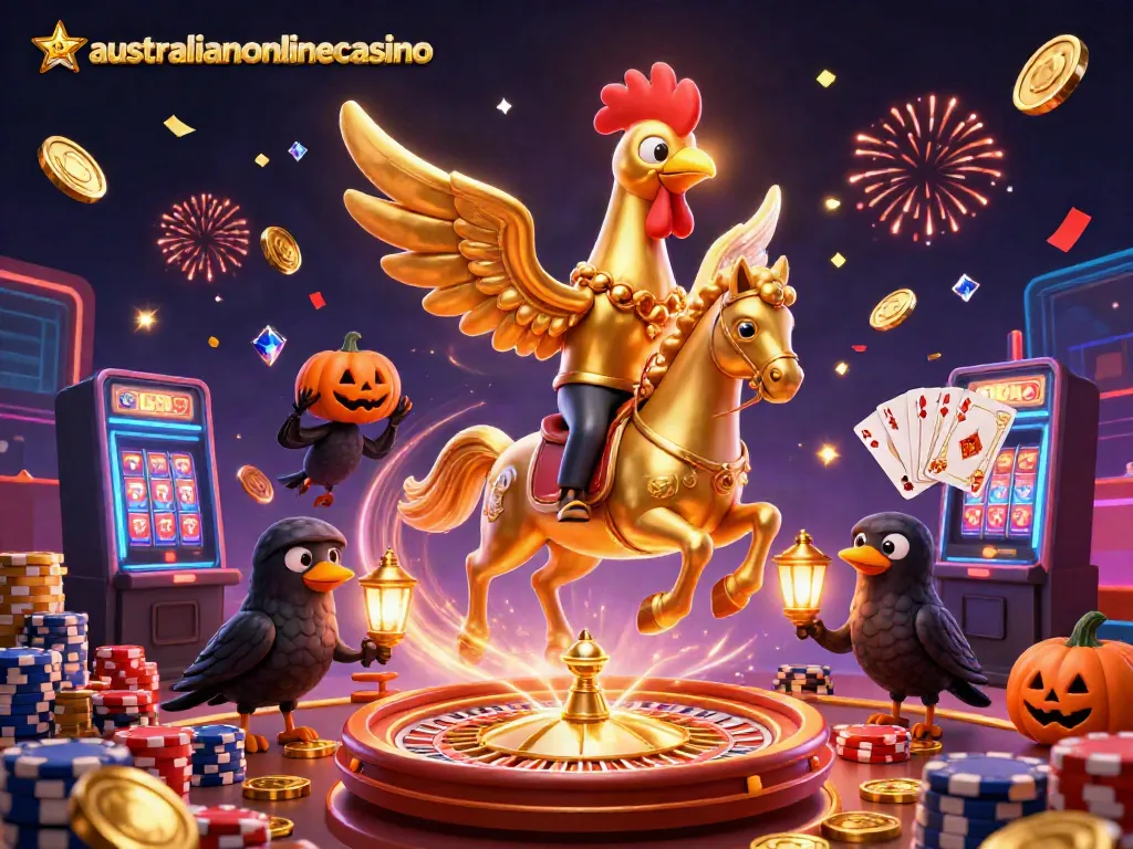 Experience the thrill of australianonlinecasino with golden rooster characters in a vibrant casino scene.