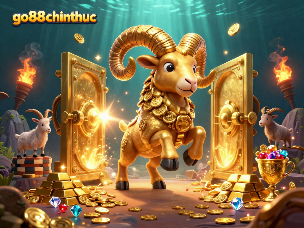 Experience the excitement of go88chinhthuc with a charged ram at a golden gate, gold treasures erupting around.