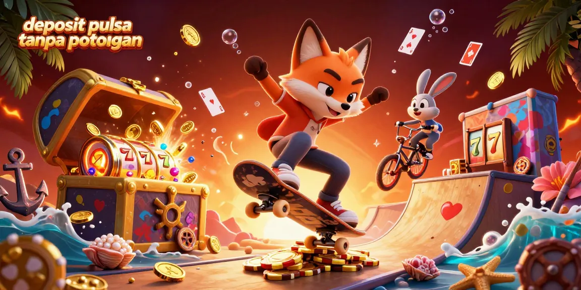 Engaging scene displaying deposit pulsa tanpa potongan with 3D cartoon characters and casino symbols.