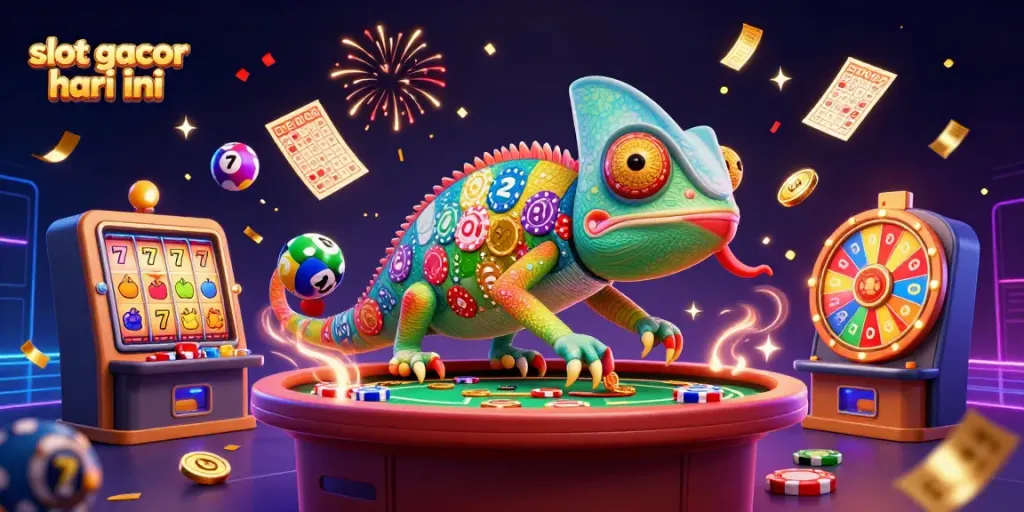 Slot gacor hari ini dengan ilustrasi chameleon kasino dan elemen permainan menarik.