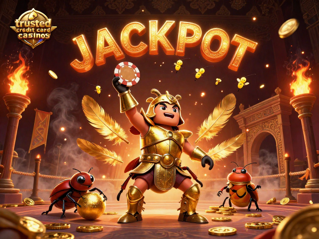 Engaging scene depicting trusted credit card casinos with a victorious beetle hero lifting a poker chip amidst vibrant casino elements.