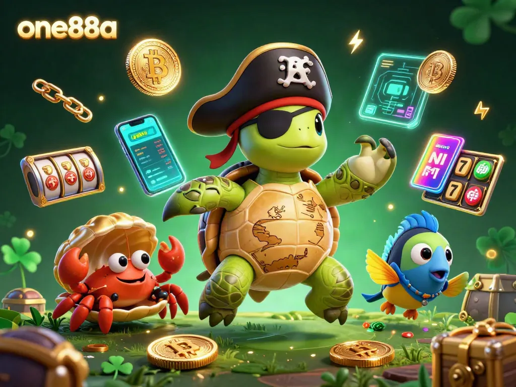 Engage with one88a's vibrant casino adventure featuring a pirate turtle and golden crab amidst exciting slot reels and crypto coins.