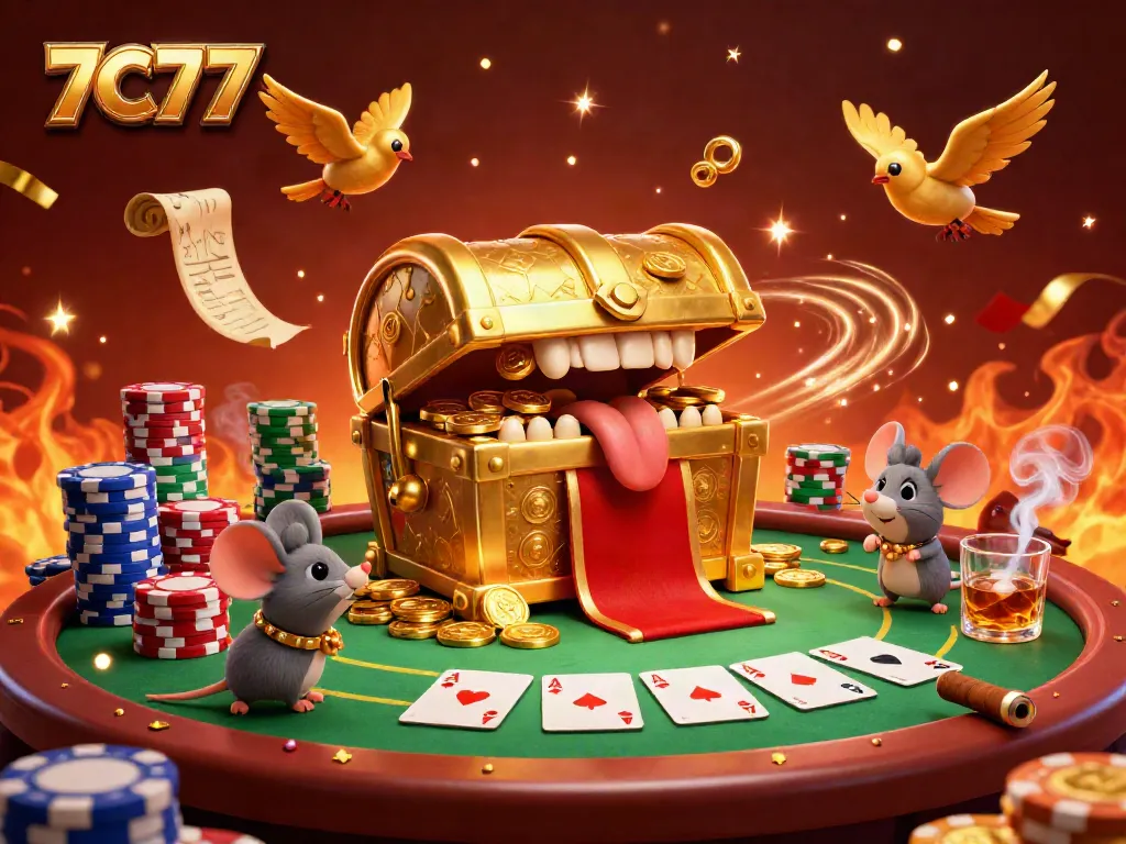 Engage with the vibrant 7C77 casino scene featuring a golden treasure chest surrounded by casino elements.