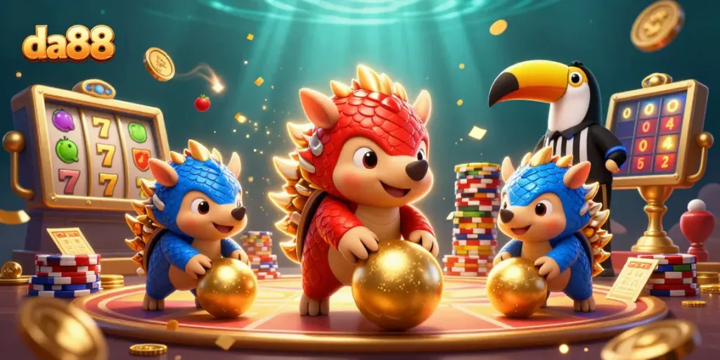 da88 players enjoy slot games with interactive pangolins in an energetic casino scene
