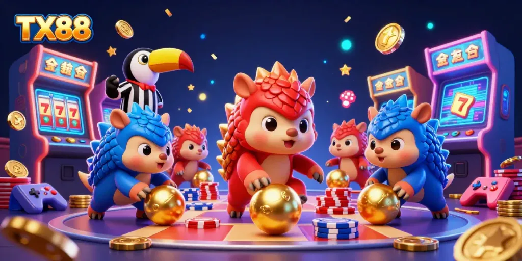 Engage in high-stakes gaming action at TX88 with dynamic pangolin rivals surrounded by casino elements.