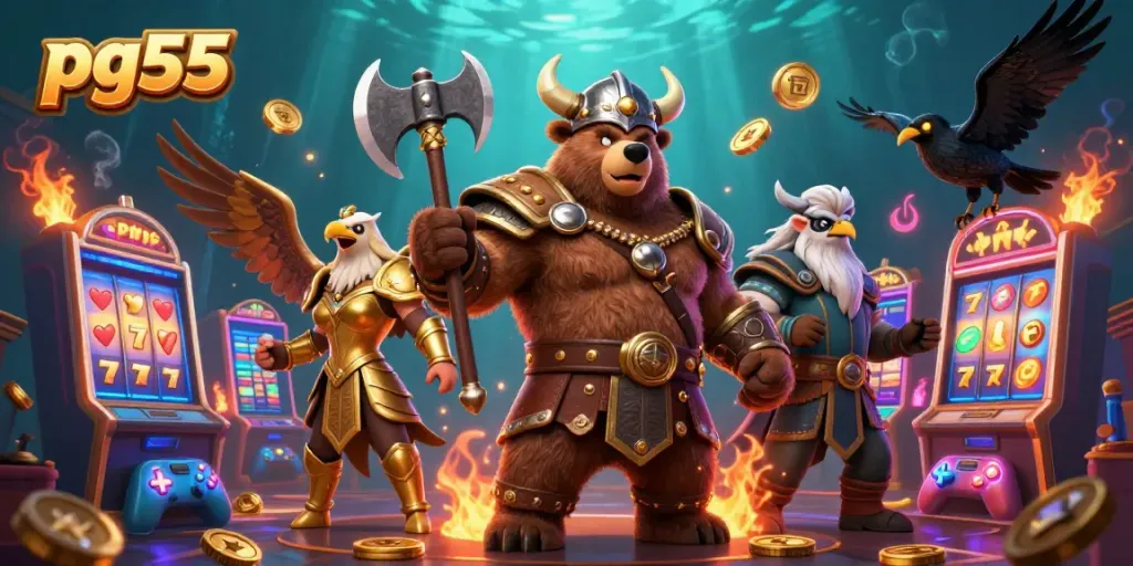 Experience the thrill of pg55 gaming with a fantasy-themed 3D illustration of Viking and Valkyrie characters amidst vivid slot reels and coins.