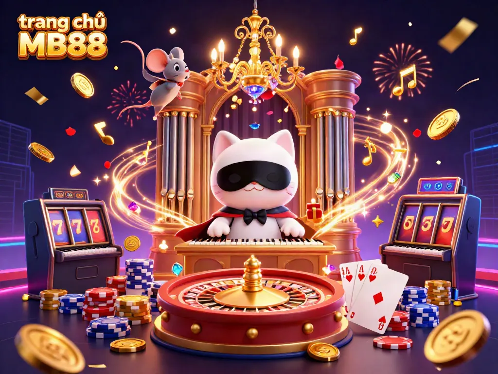 Experience the excitement of trang chủ MB88 with a dynamic 3D casino illustration showcasing various gaming elements and characters.