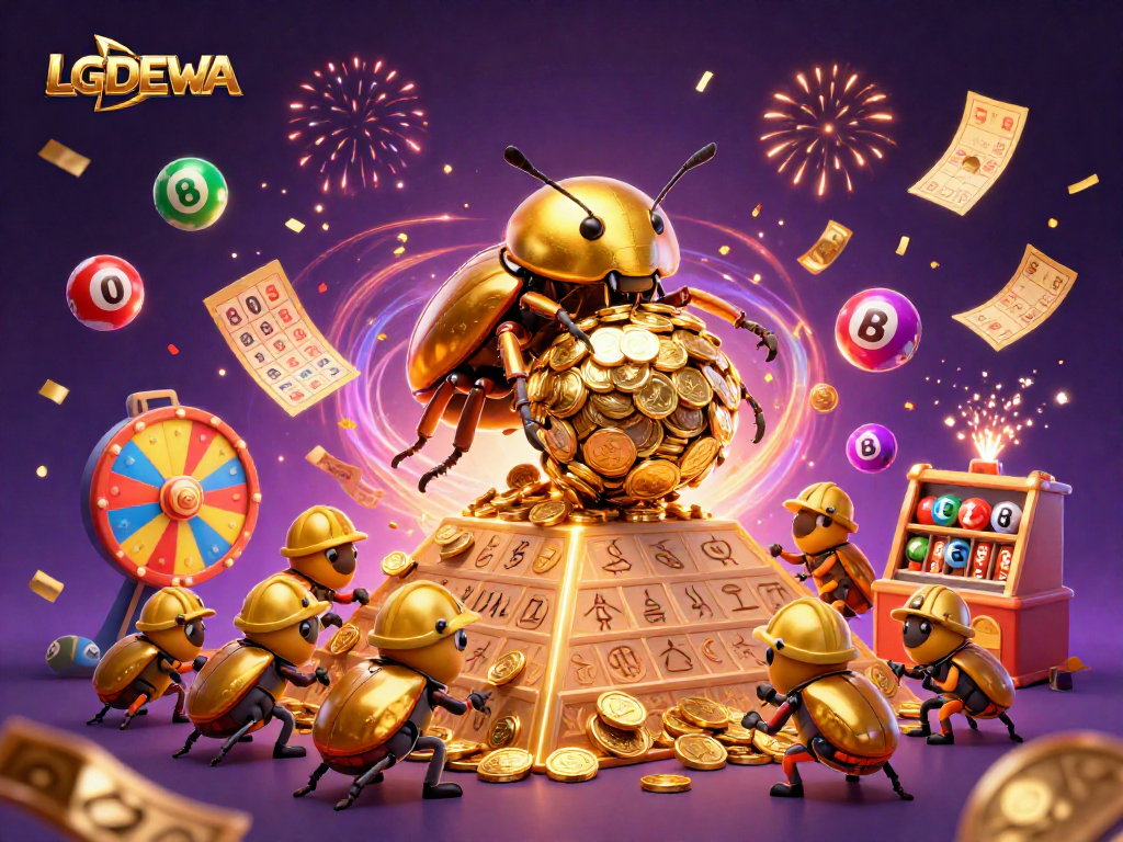 Engage with LGODEWA's vibrant 3D casino scene featuring golden coins and lottery excitement.