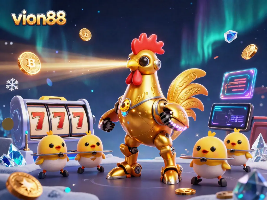 Experience thrilling gameplay at vion88 with slots, Bitcoin coins, and neon visuals.