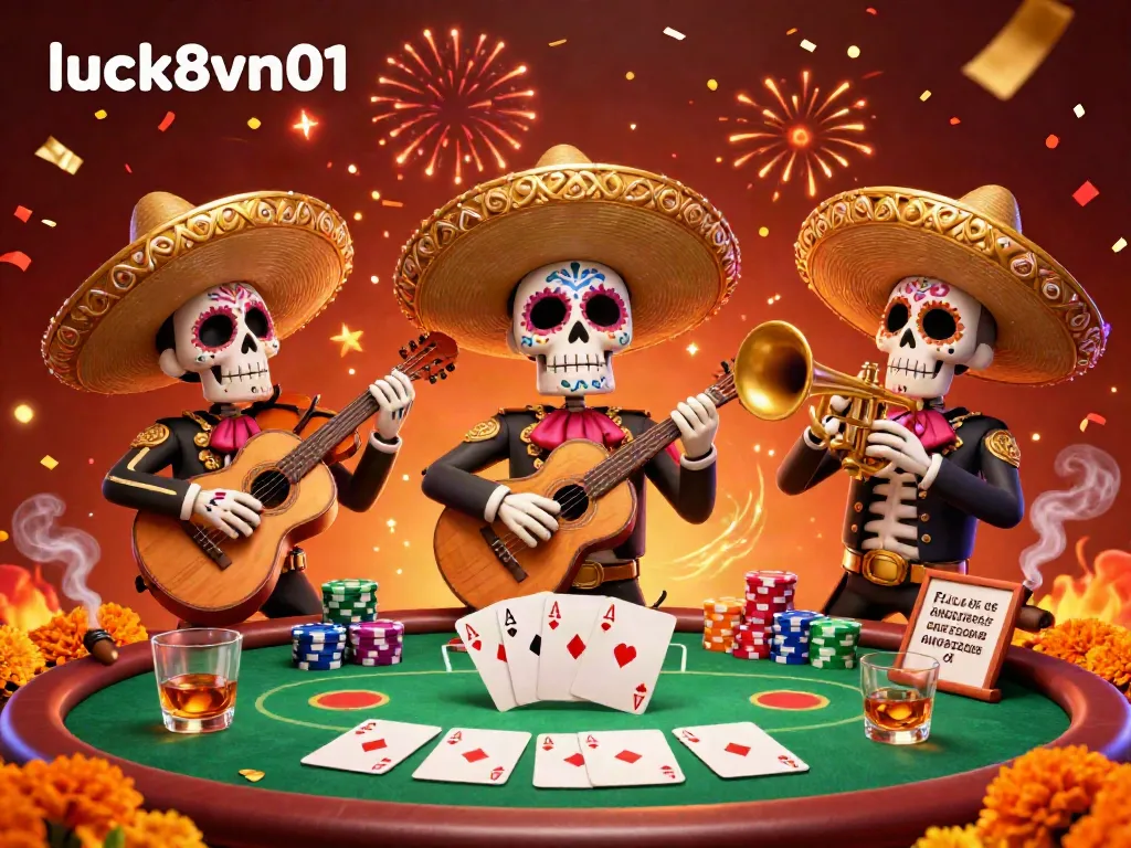 Engage in vibrant games with luck8vn01 featuring a mariachi band at a lively poker scene, celebrating wins.