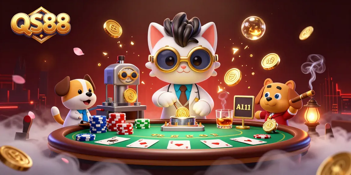 Engage in exciting gaming with QS88 featuring a mad scientist cat and assistant creating wealth at a thrilling casino