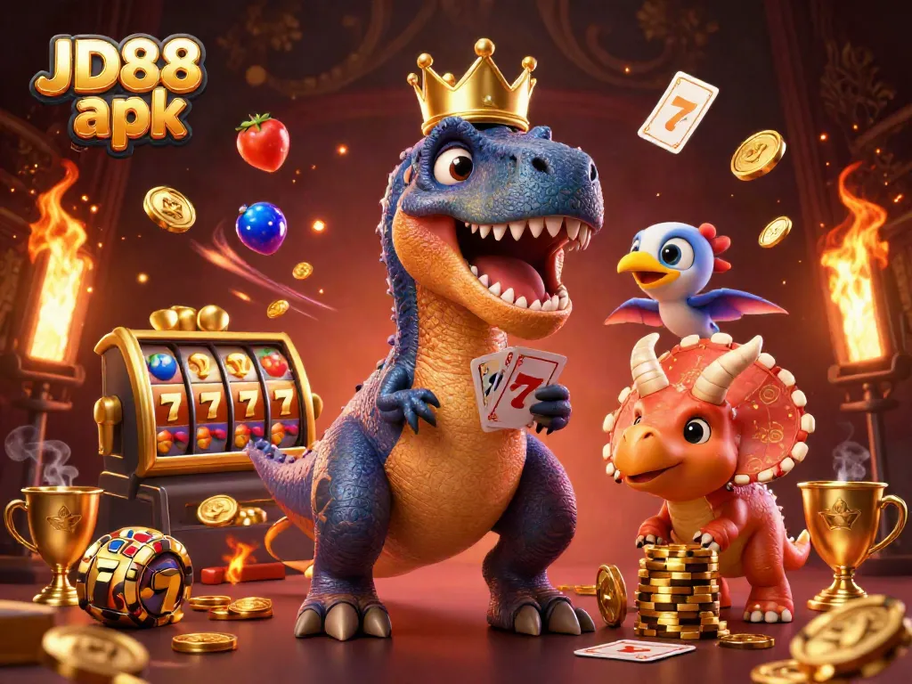 JD88 apk showcases a 3D T-Rex in a crown, shuffling cards with casino elements like gold coins and fruit symbols.