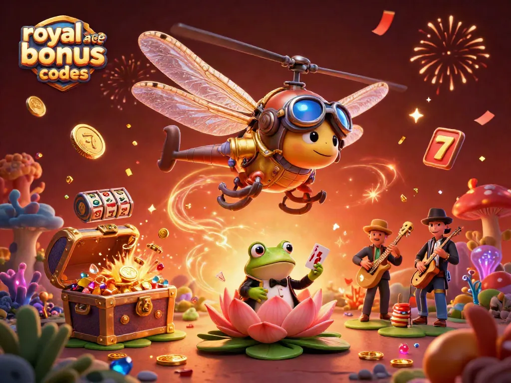 Experience exciting gameplay with royal ace bonus codes at a lily pad casino featuring whimsical characters.