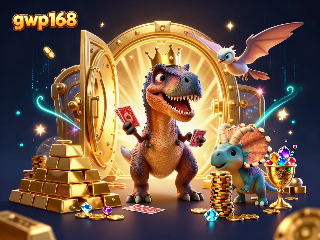 GWP168 menampilkan T-Rex bermahkota bermain kartu sambil dikelilingi harta berkilau di kasino.