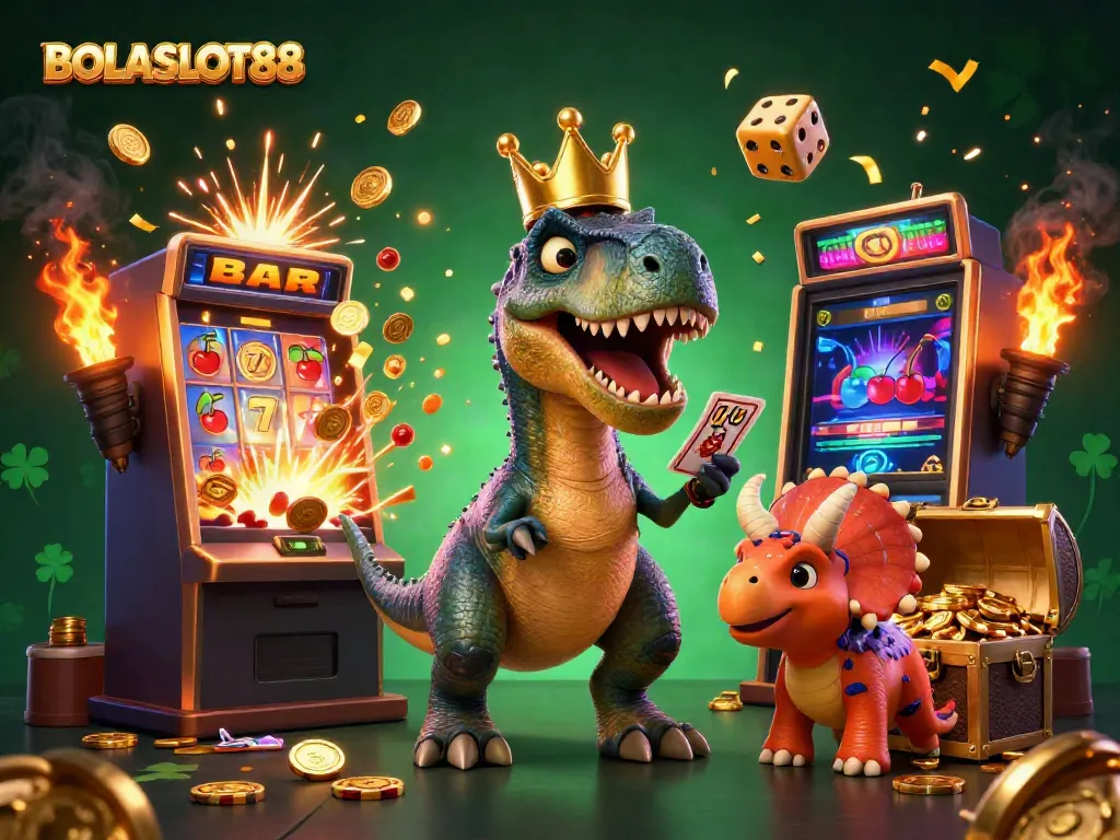 BOLASLOT88 features a playful T-Rex and friends enjoying a thrilling gaming experience surrounded by exciting casino elements.