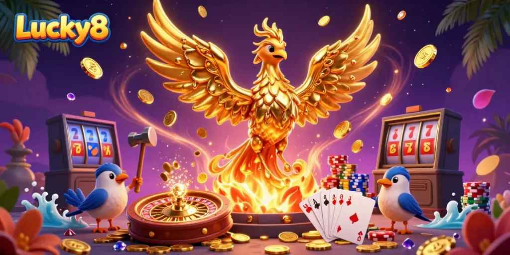 Experience Lucky8's thrilling gaming action with a molten gold phoenix and vibrant casino symbols.