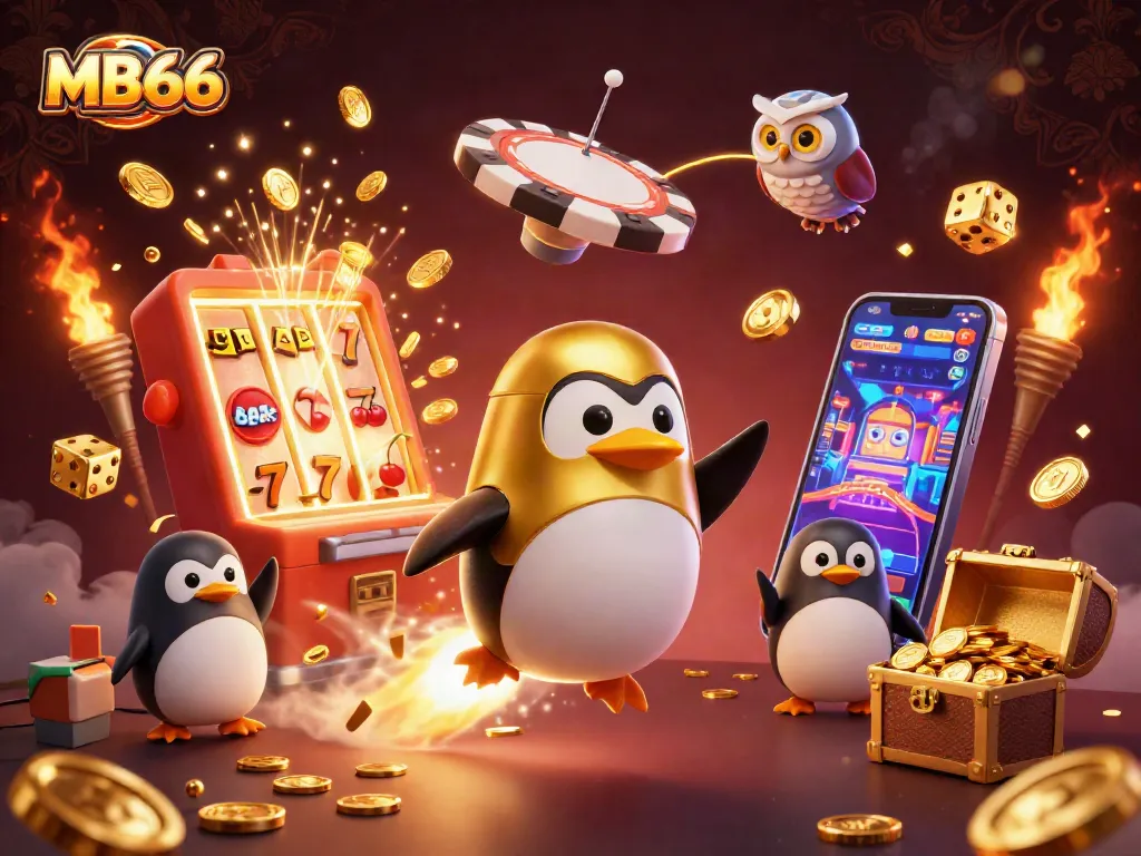 Experience the thrill of MB66 casino adventures with a golden penguin and jackpot excitement!
