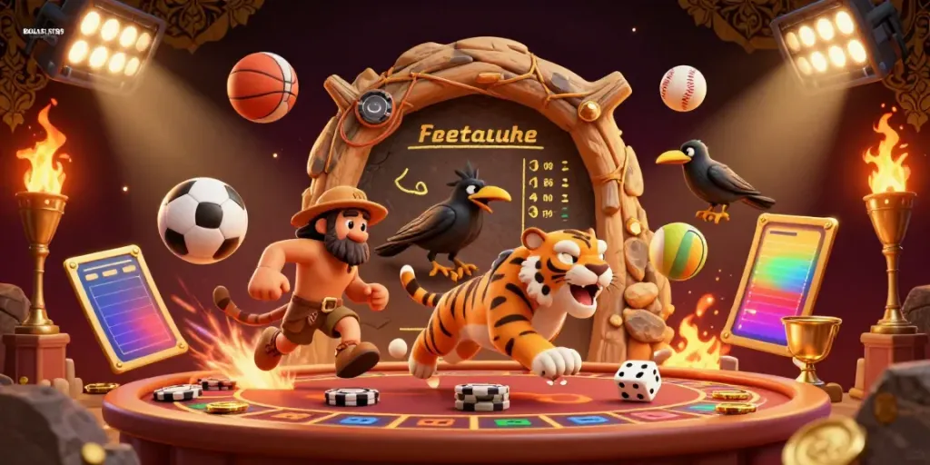BOLASLOT88 showcases an exciting prehistoric casino scene with engaging characters and vibrant sports elements.