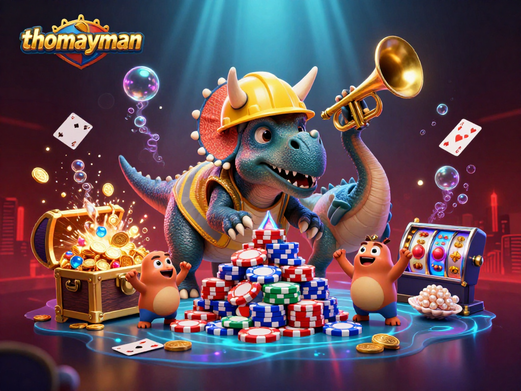 Experience thomayman with an exciting dynamic illustration of colorful casino elements and engaging characters.