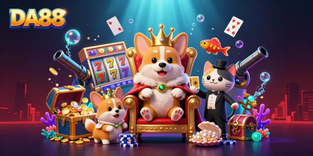 Experience DA88's vibrant slot journey with a royal corgi, underwater treasures, and dazzling cards.