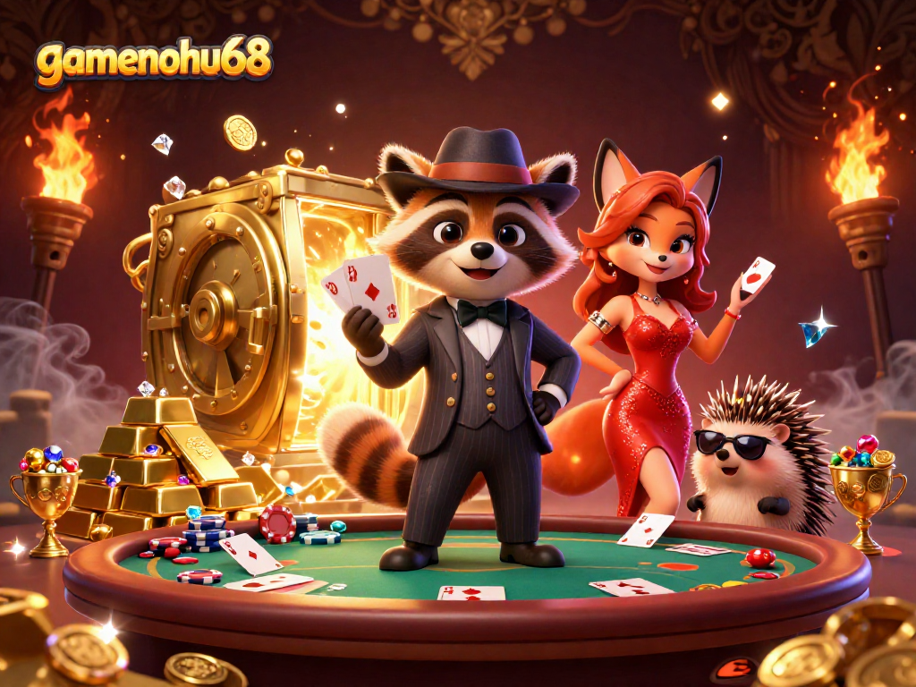 Join the excitement at gamenohu68 with a suave raccoon and friends at the poker table.