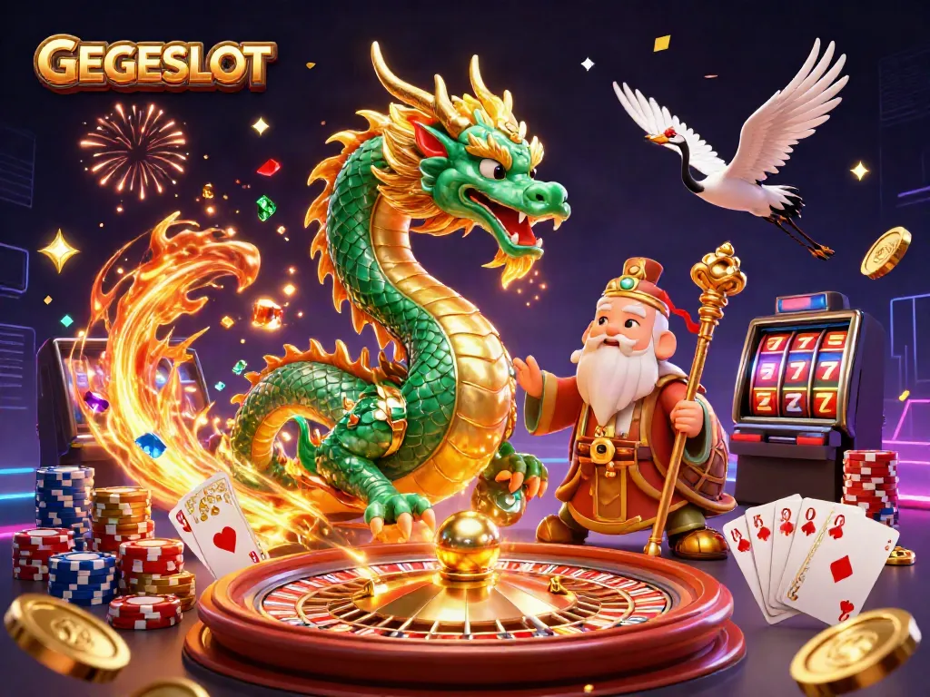 Engage with GEGESLOT showcased in an intricate 3D casino scene, featuring a vibrant jade dragon and a wise turtle sage.