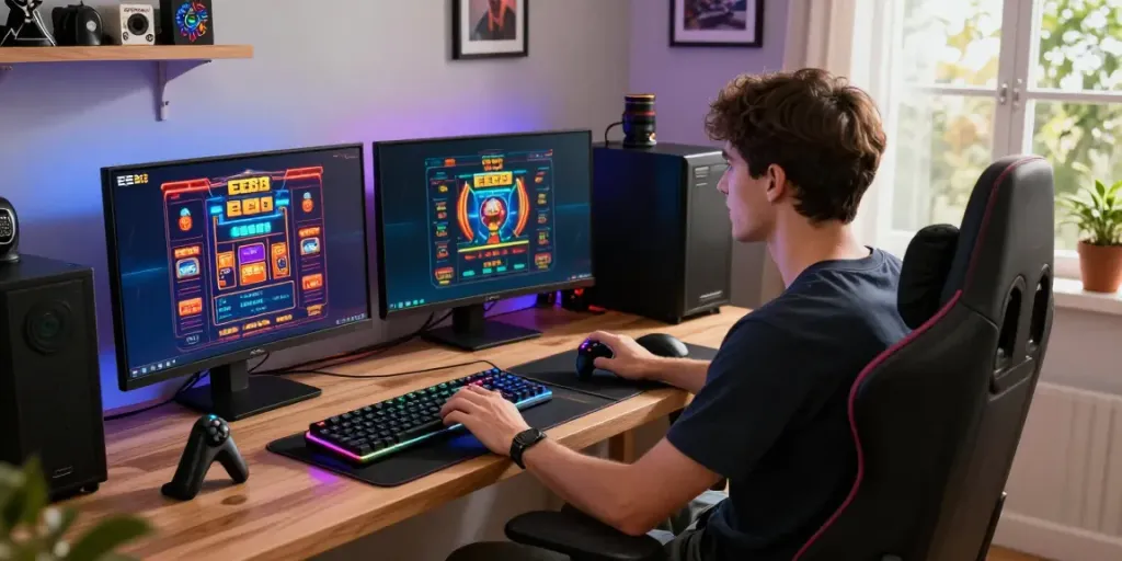 User engaging with EE88 gaming platform in a modern home office, showcasing vibrant graphics and gaming accessories.