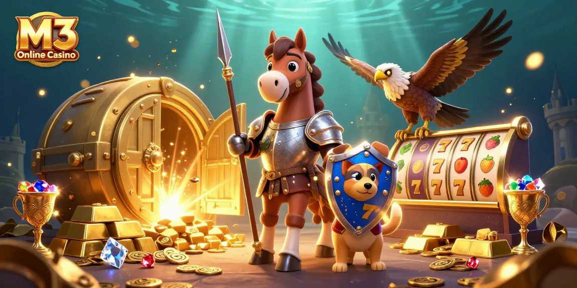 M3 Online Casino showcases vibrant 3D cartoon knights amidst gold and jewels, featuring slot reels and dynamic gambling elements.