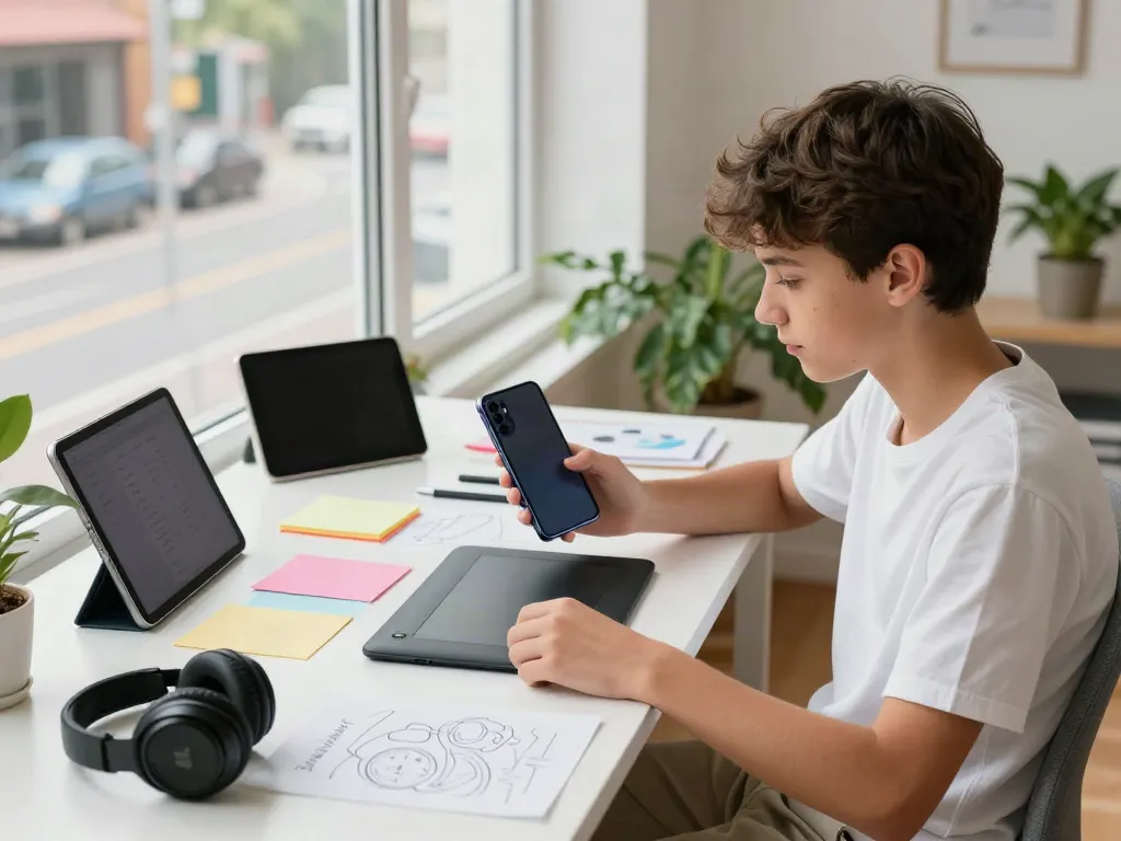 Teenager using a Samsung Galaxy A80 smartphone amidst creative tech setup.