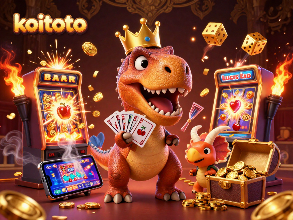 Koitoto menghadirkan permainan slot gacor online dengan visual menarik dari karakter dinosaurus bermain kartu dan mengumpulkan chip emas.