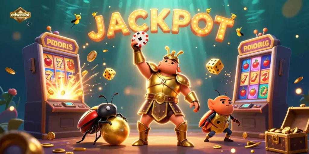 Edwinslot's thrilling jackpot scene with a victorious beetle and vibrant casino elements