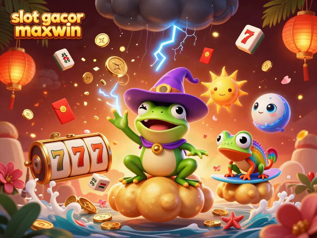 Mempersembahkan energi slot gacor maxwin dengan penyihir katak, chameleon pelangi, dan simbol permainan di tengah hujan koin emas