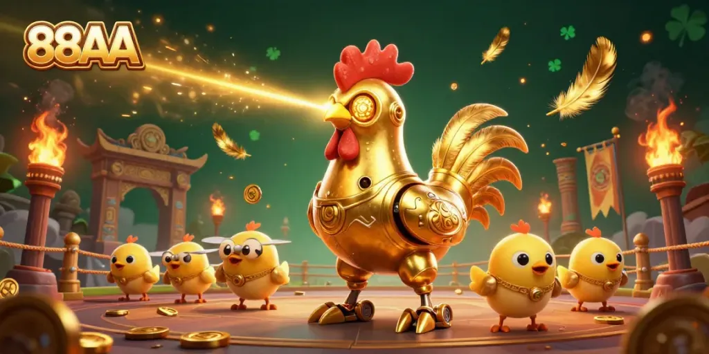 Engage with 88AA as a golden rooster robot leads baby drones in a vibrant casino scene.