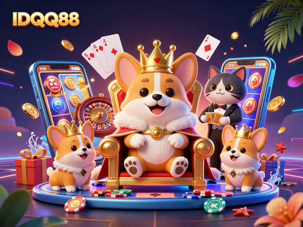 Engage with IDQQ88's thrilling 3D casino world featuring corgis and golden elements, delivering exciting gameplay.