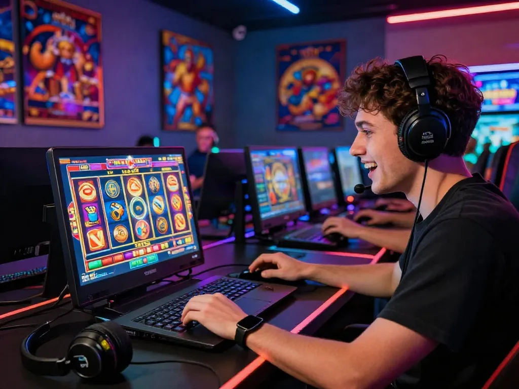 Player enjoying slot games in a vibrant virtual casino setting with colorful graphics.