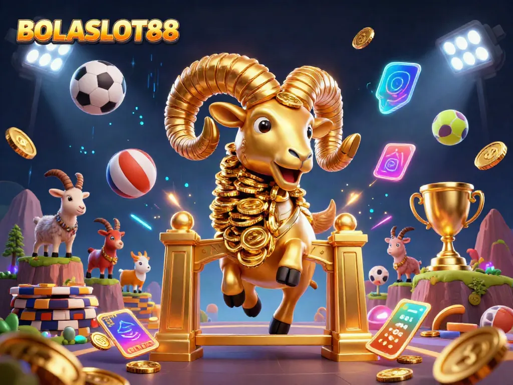 Experience thrilling gameplay with BOLASLOT88's dynamic 3D casino scene filled with golden elements and sports excitement.