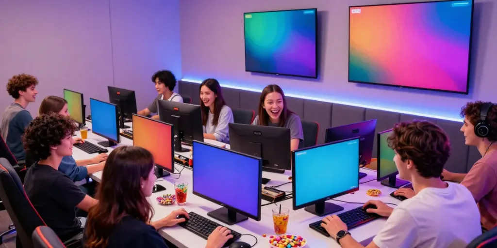 Engaged friends playing Yono Arcade games in a vibrant gaming lounge.