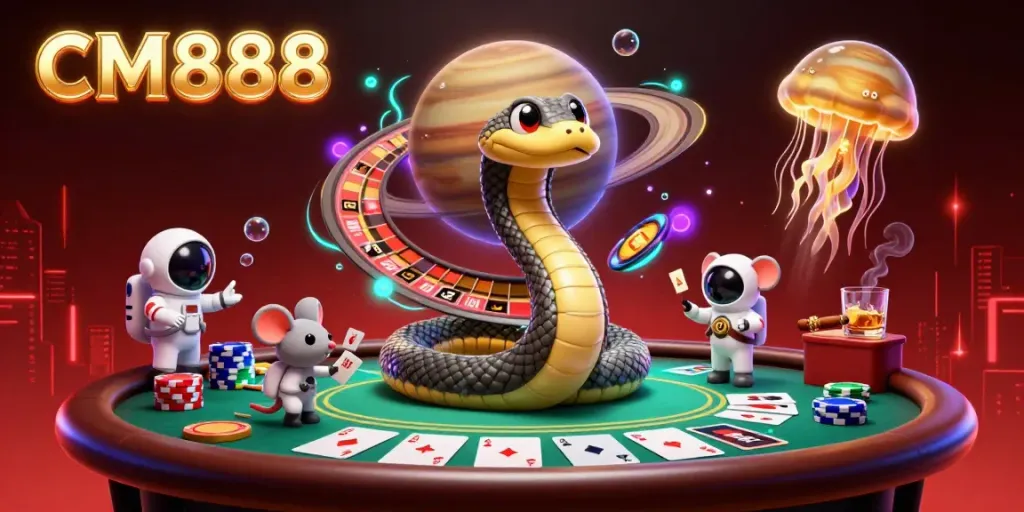 Engage with CM888 as astronaut mice place bets on a cosmic roulette wheel in this vibrant casino scene.
