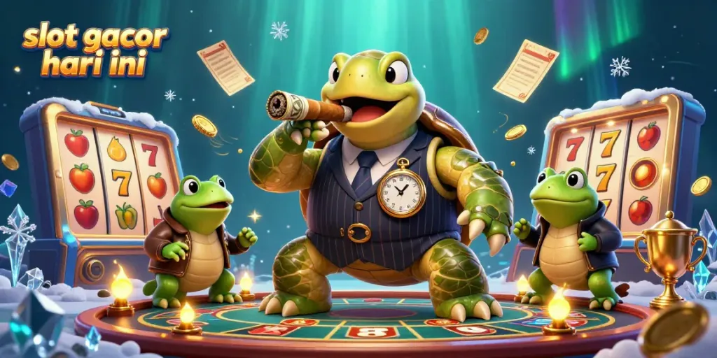 Slot gacor hari ini, ilustrasi menarik dengan karakter unik dan elemen kasino yang dinamis.