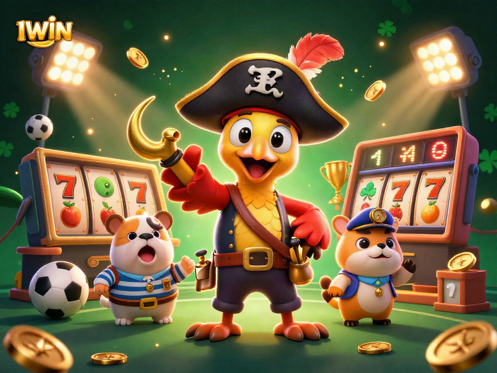 IWIN showcases a vibrant casino scene with pirate-themed characters surrounded by slot reels and golden trophies.