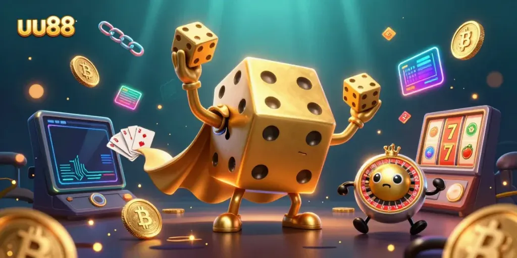 Experience the excitement of uu88 with a lively scene featuring a golden dice golem and vibrant casino elements.