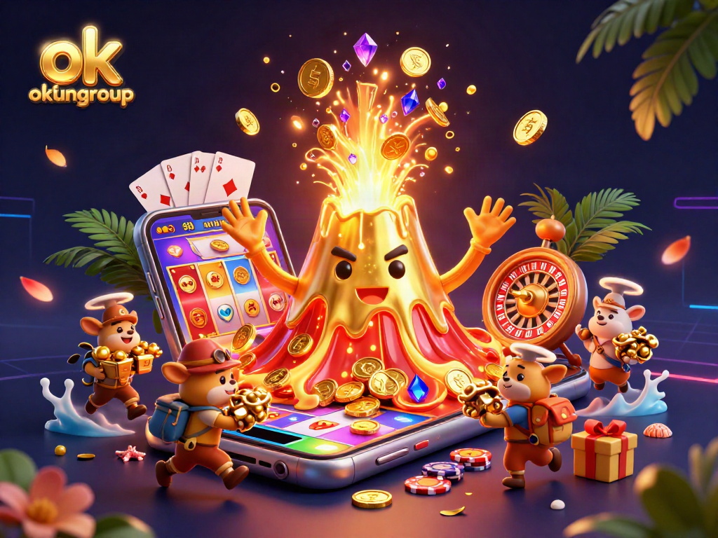 Experience the thrill of winning at okfungroup with a vibrant 3D casino scene filled with treasures.