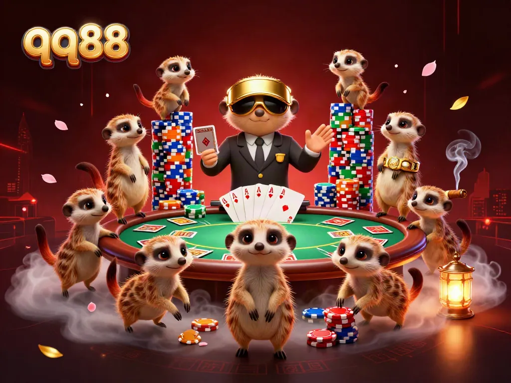 qq88 meerkats manage a vibrant casino operation featuring poker and chips in a lively scene
