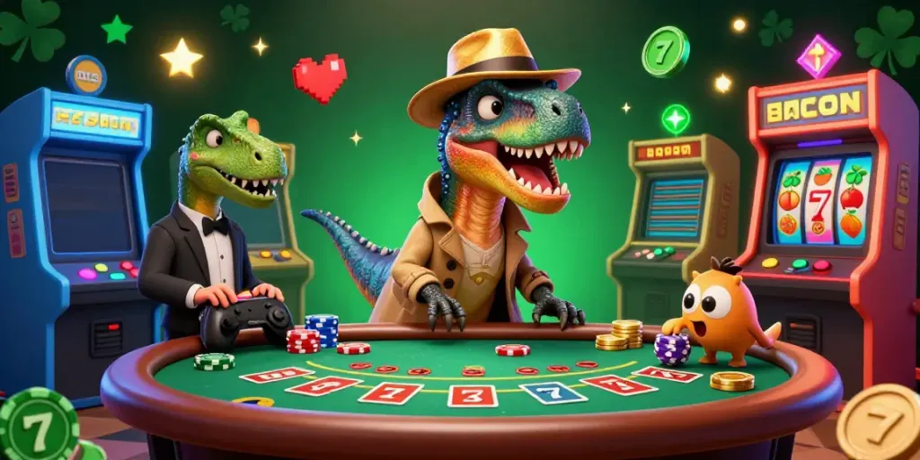 Engage with the interactive settings of aus online casino, showcasing a velociraptor card counter at a rich blackjack table.