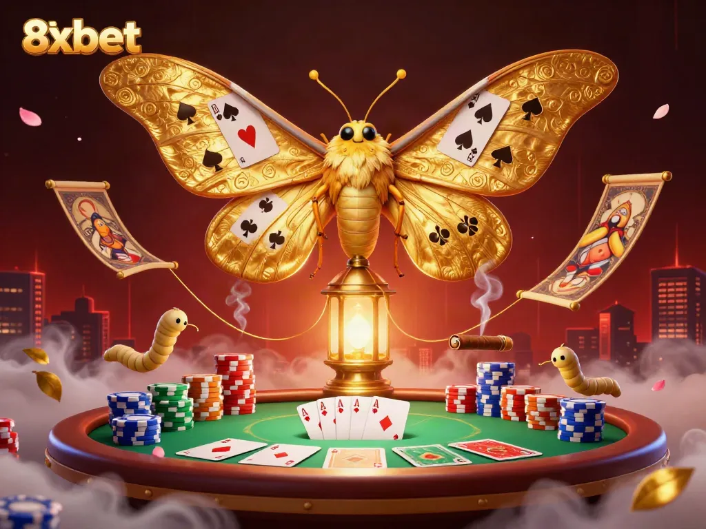Engage with the vibrant 8xbet casino scene showcasing a mesmerizing atlas moth, poker details, and atmospheric decor.