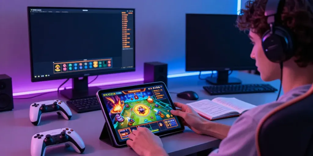 Player engaging with QQMacan on tablet in vibrant gaming setup.