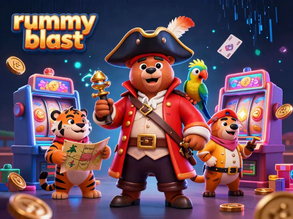 Join the rummy blast experience with engaging characters in a vibrant casino-themed illustration.