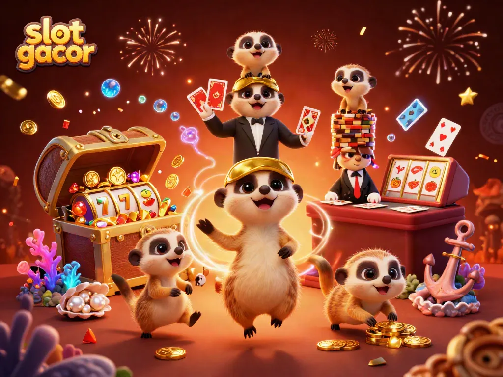 Slot gacor menampilkan koloni meerkat mengelola kasino dengan elemen permainan yang kaya dan meriah.